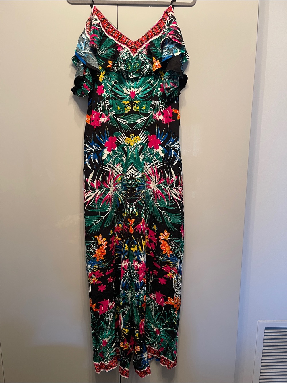 Flying Tomato Black Maxi Dress with Green, Pink and Orange Tropical Print